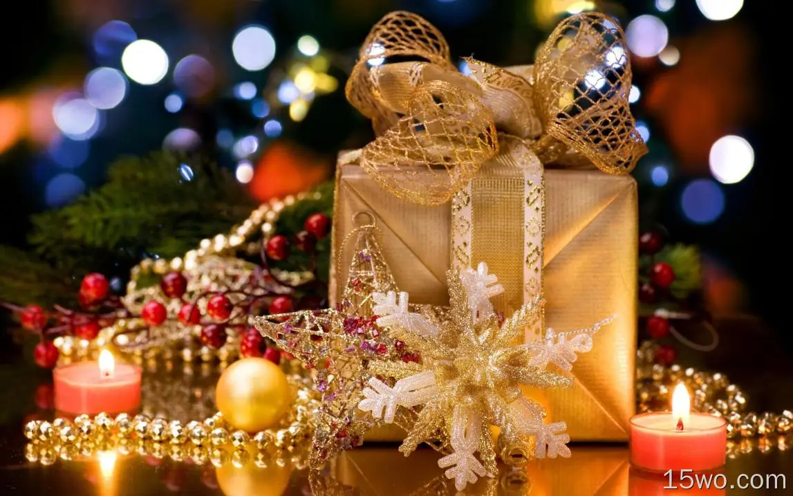 节日 圣诞节 Christmas Ornaments 礼物 Ligths 雪花 星星 蜡烛 Decoration 高清壁纸