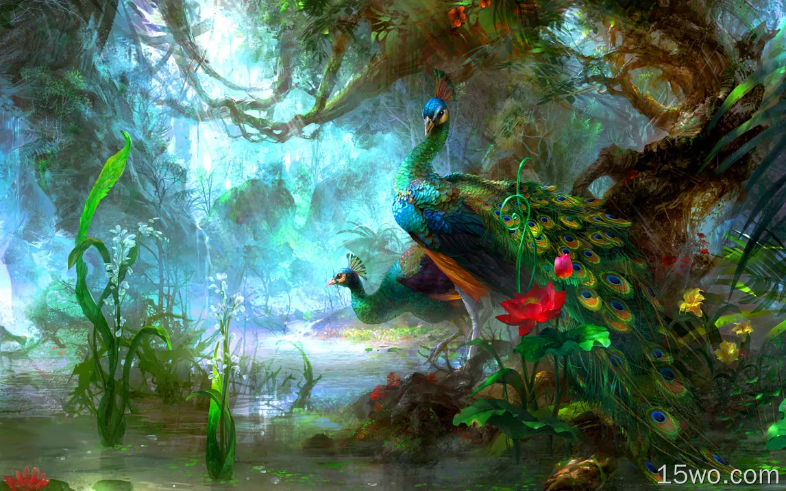 动物 孔雀 鸟 Peafowl 色彩 Colorful 树 花 艺术 森林 绿色 高清壁纸