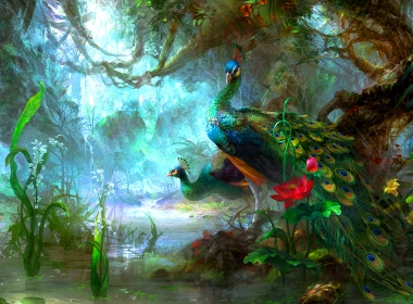 动物 孔雀 鸟 Peafowl 色彩 Colorful 树 花 艺术 森林 绿色 高清壁纸 2560x1600