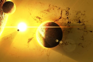 太阳爆炸，行星，黄色星系  2560x1440