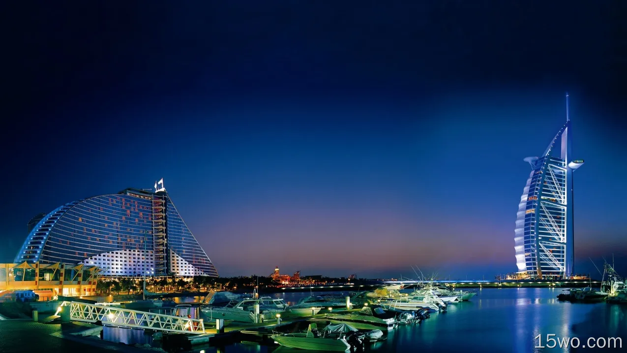 人造 Burj Al Arab 建筑 迪拜 阿拉伯联合酋长国 港口 城市 夜晚 船 高清壁纸