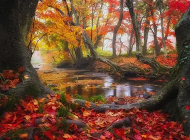 自然 秋季 艺术 叶子 树 溪流 色彩 高清壁纸 3840x2160