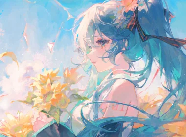 Hatsune Miku,flowers,anime girls,Vocaloid,blue hair,blue eyes,flower in hair,petals 3344x2000