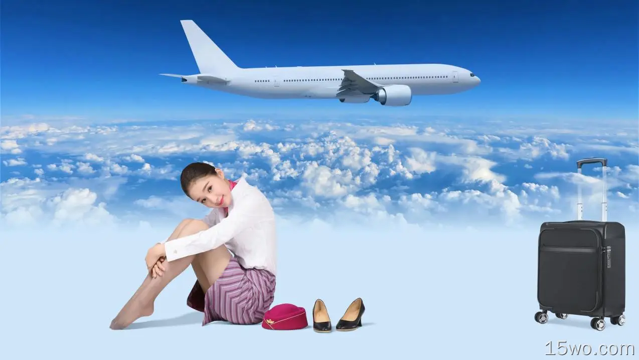 空姐，加固脚趾，飞机，亚洲人，连裤袜，飞机，天空，云朵，看着观众，微笑，女人