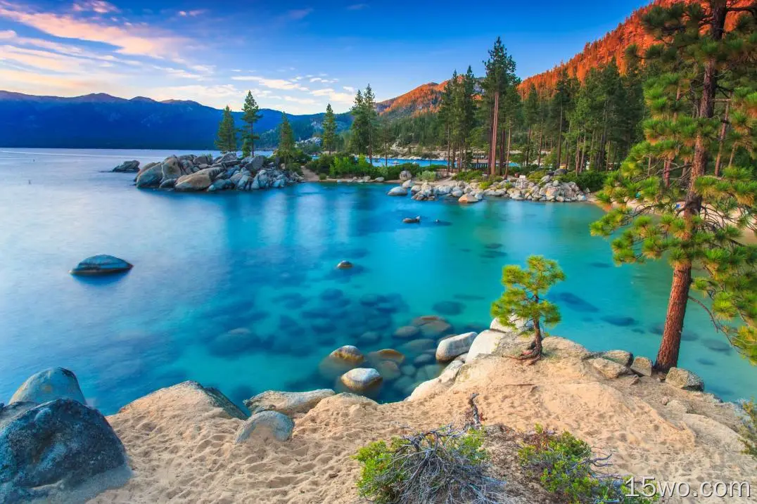 自然 Lake Tahoe 湖泊 地球 绿松石 树 岩石 高清壁纸