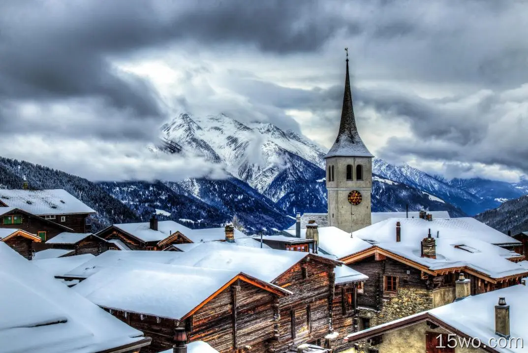 人造 村庄 山 瑞士 冬季 Snow 高清壁纸