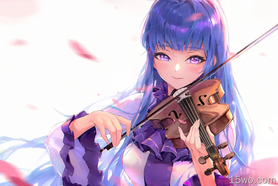 漂亮的动漫女孩，小提琴，乐器，微笑，脸红，蓝头发