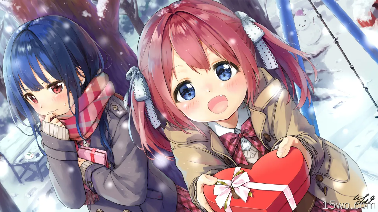两个可爱小女孩,雪人,冬季,雪,树,4k动漫壁纸