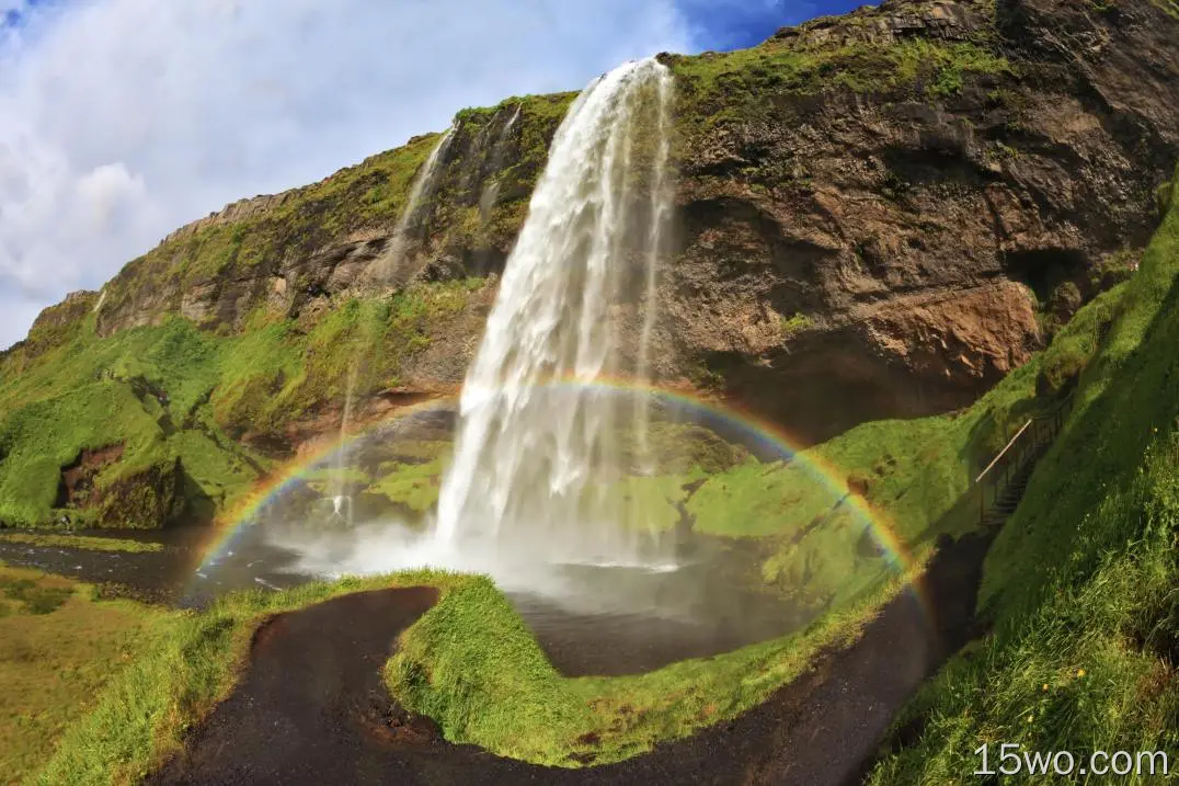 自然 Seljalandsfoss 瀑布 冰岛 彩虹 草 高清壁纸