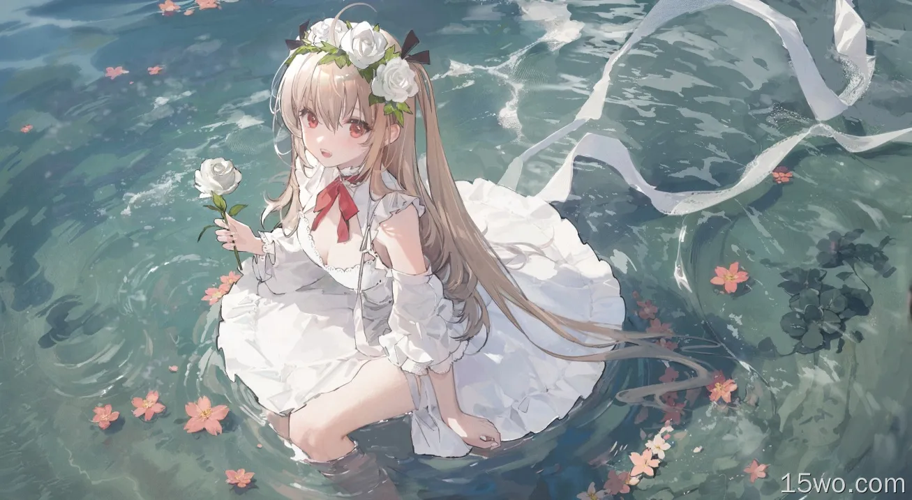 anime,anime girls,water,dress,bow tie,flowers,long hair,looking at viewer,petals,flower in hair,blonde,high angle