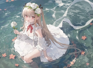 anime,anime girls,water,dress,bow tie,flowers,long hair,looking at viewer,petals,flower in hair,blonde,high angle 2800x1536