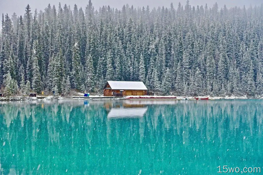 人造 木屋 木质 湖泊 绿松石 倒影 冬季 森林 Snow 高清壁纸