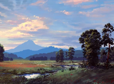artwork,digital art,landscape,mountains,nature,trees,clouds,sky 3840x1920