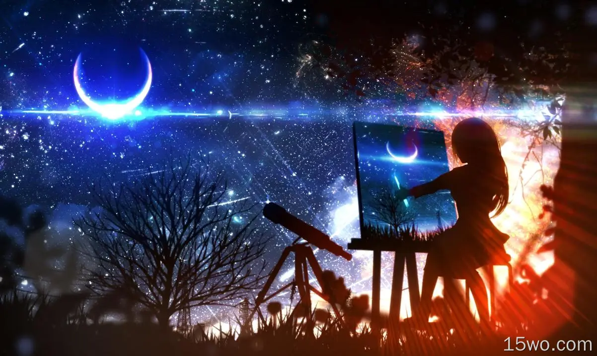 动漫 原创 女孩 夜晚 月亮 Telescope 星空 绘画 高清壁纸