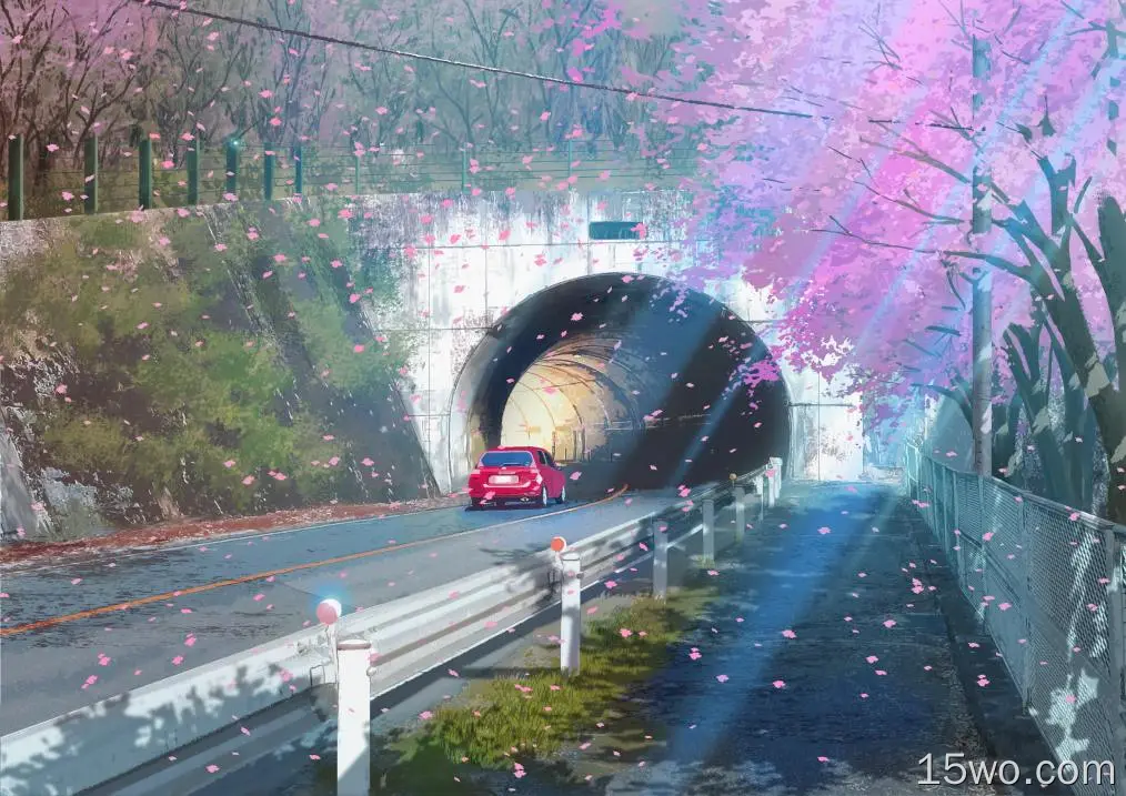 动漫 原创 隧道 汽车 Sakura 街道 花 高清壁纸