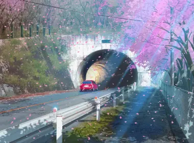 动漫 原创 隧道 汽车 Sakura 街道 花 高清壁纸 3508x2480