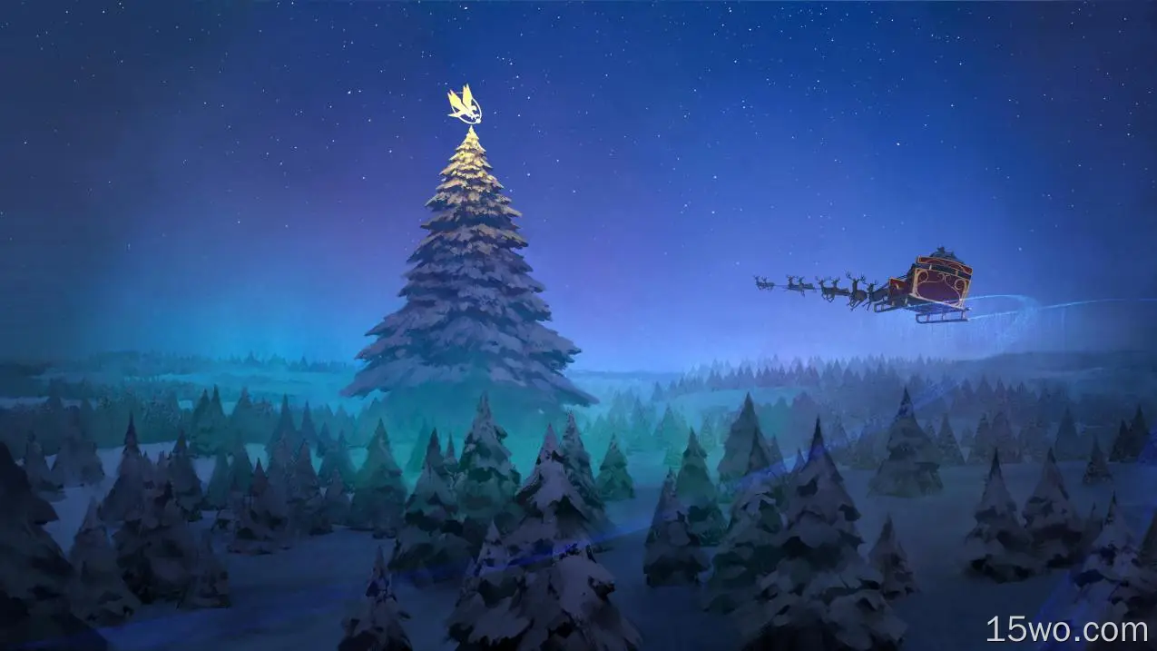 圣诞老人驯鹿雪橇飞圣诞树4k