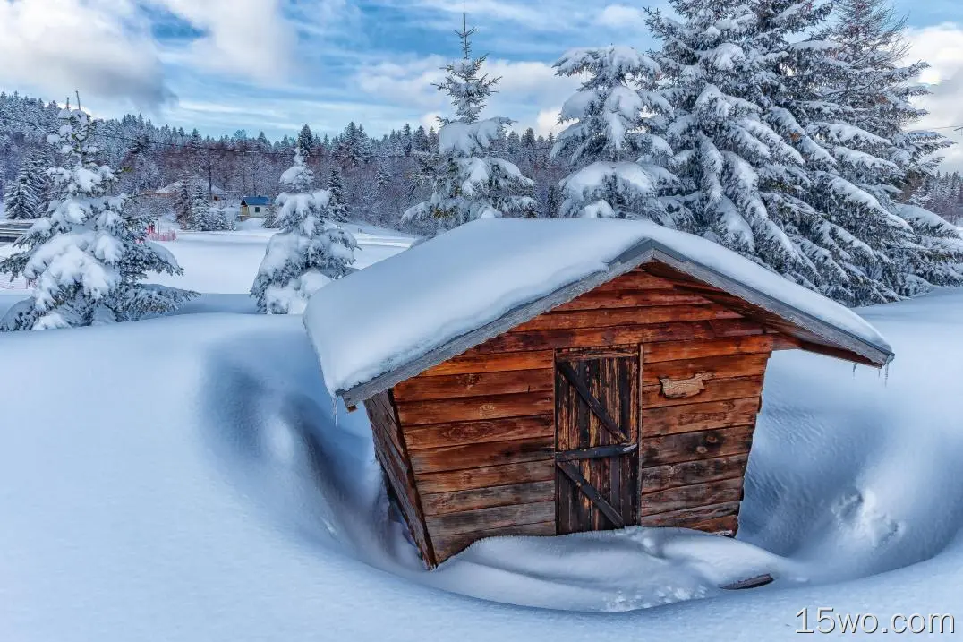 小屋、棚、雪、树
