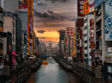 Osaka,Japan,city,river,sunset,bridge,boat,architecture,clouds,building 5120x3417