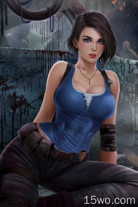 Jill Valentine,Resident Evil,video games,video game girls,artwork,drawing,fan art,Prywinko,portrait display,necklace,looking at viewer,short hair,cleavage,Resident evil 3