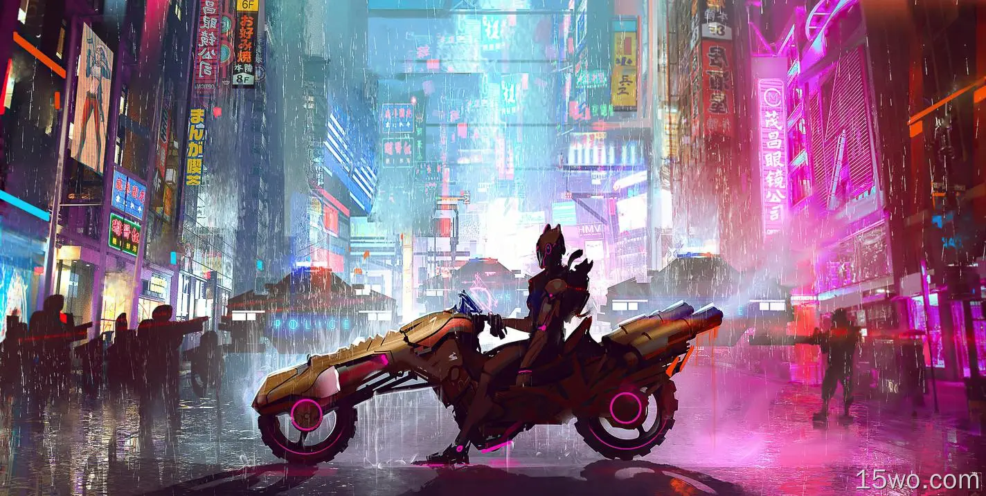 科幻 赛博朋克 女孩 夜晚 城市 雨 未来主义 摩托车 交通工具 高清壁纸