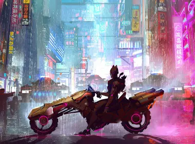 科幻 赛博朋克 女孩 夜晚 城市 雨 未来主义 摩托车 交通工具 高清壁纸 3840x1934