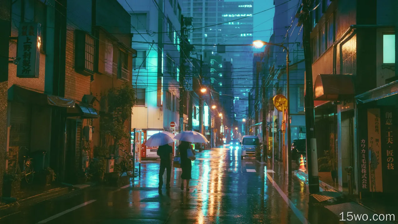 雨中的城市街道夜景唯美壁纸
