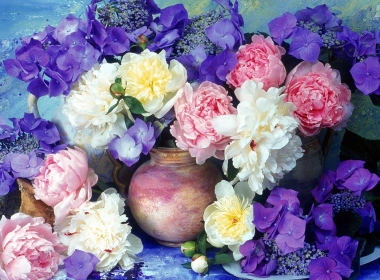 美丽的花 牡丹, 绣球花, 花卉, 绘画, 水罐, 花 1600x1200