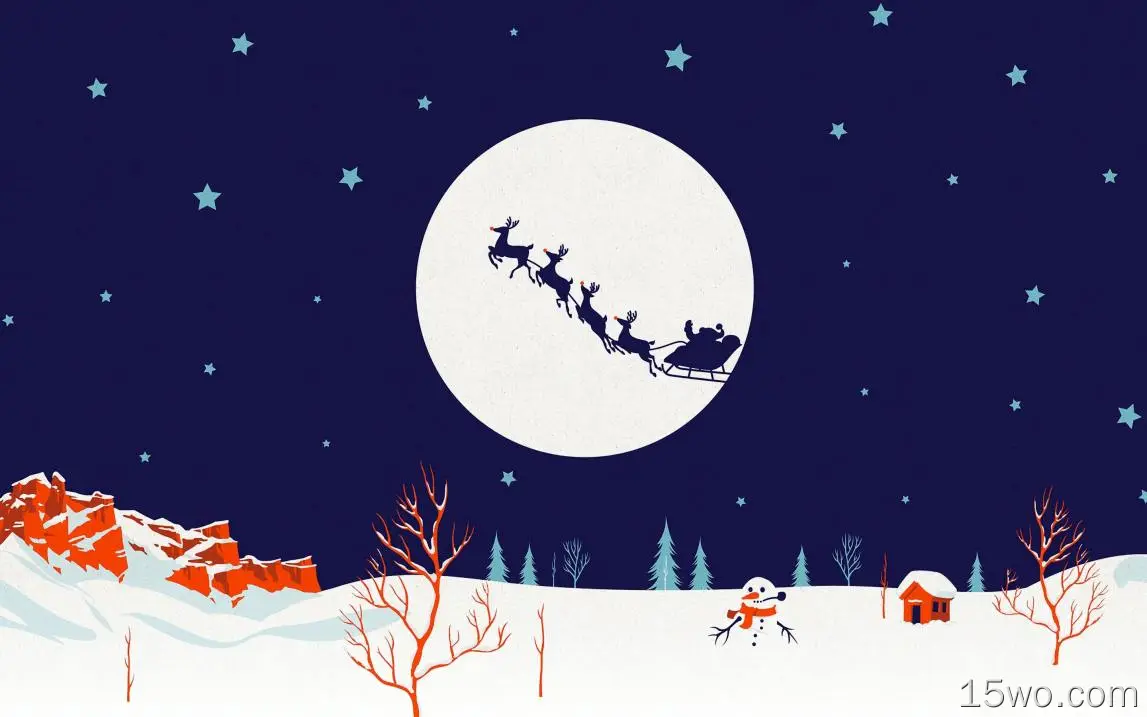 节日 圣诞节 冬季 月亮 Silhouette Santa 雪人 Sleigh 鹿 高清壁纸