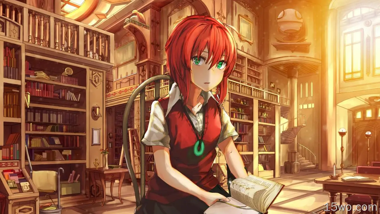 动漫 魔法使的新娘 Chise Hatori 图书馆 Red Hair Anime Short Hair Green Eyes 高清壁纸