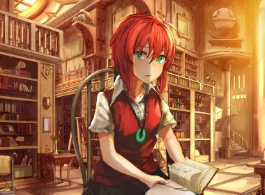 动漫 魔法使的新娘 Chise Hatori 图书馆 Red Hair Anime Short Hair Green Eyes 高清壁纸 2560x1440