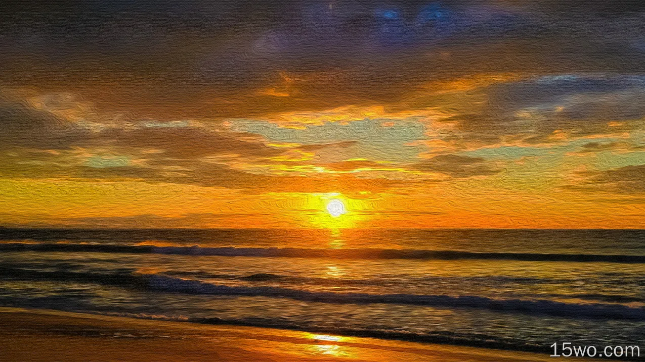 艺术 日落 海滩 Sea 海浪 油画 云 Horizon 高清壁纸
