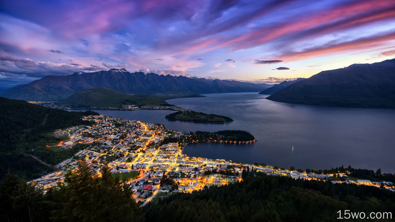 人造 城市 新西兰 Queenstown 湖泊 山 光 高清壁纸