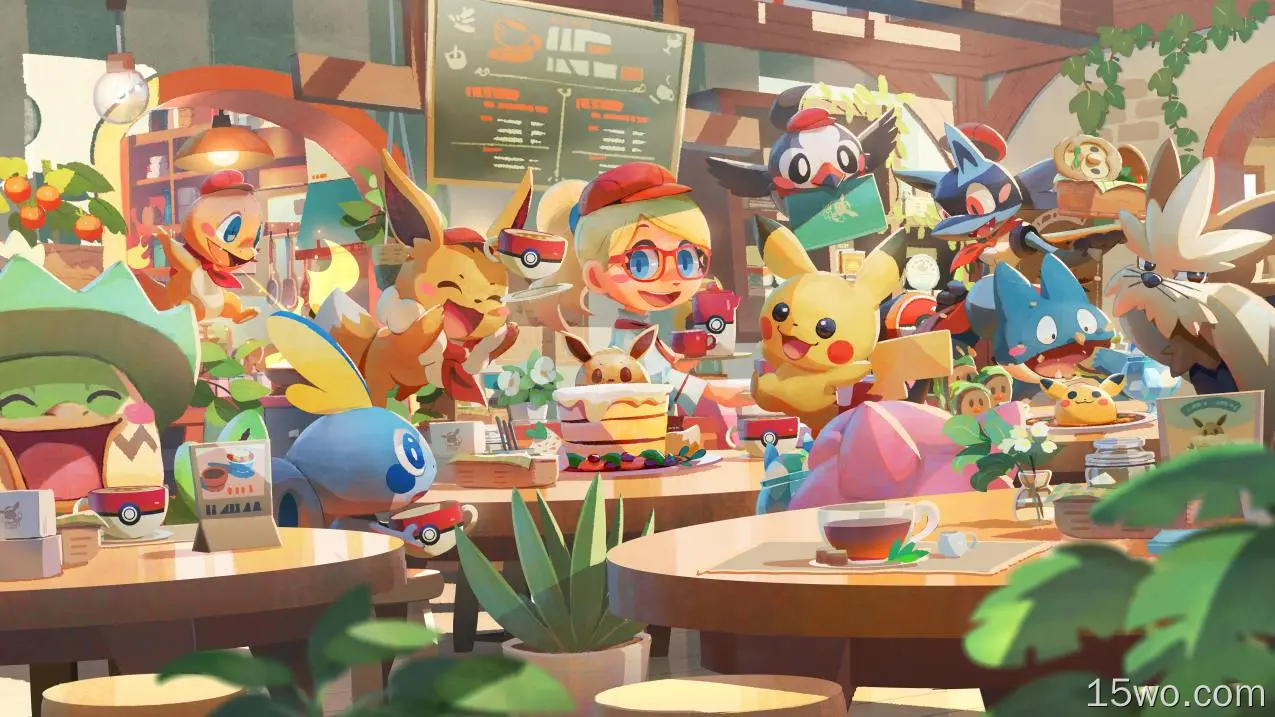 电子游戏 Pokémon Café Mix Ludicolo Stoutland Pikachu Charmander Eevee Lucario Rowlet Munchlax Sobble 口袋妖怪 高清壁纸