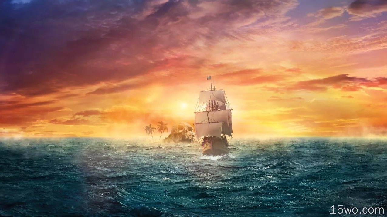 奇幻 船 Pirate Ship Sea 日落 岛屿 头骨 海盗 帆船 海洋 海浪 高清壁纸
