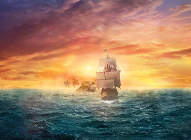 奇幻 船 Pirate Ship Sea 日落 岛屿 头骨 海盗 帆船 海洋 海浪 高清壁纸 3840x2160