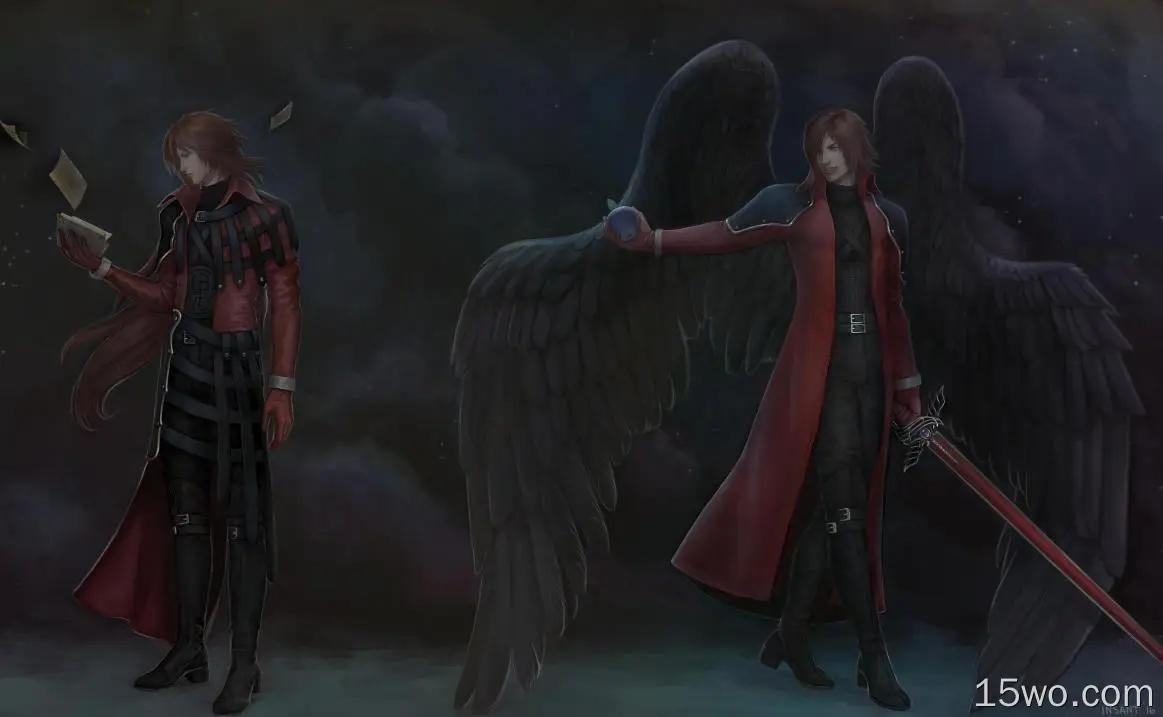 堕落的天使，黑色的翅膀，红色的外套，剑，靴子