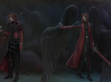 堕落的天使，黑色的翅膀，红色的外套，剑，靴子 4026x2481