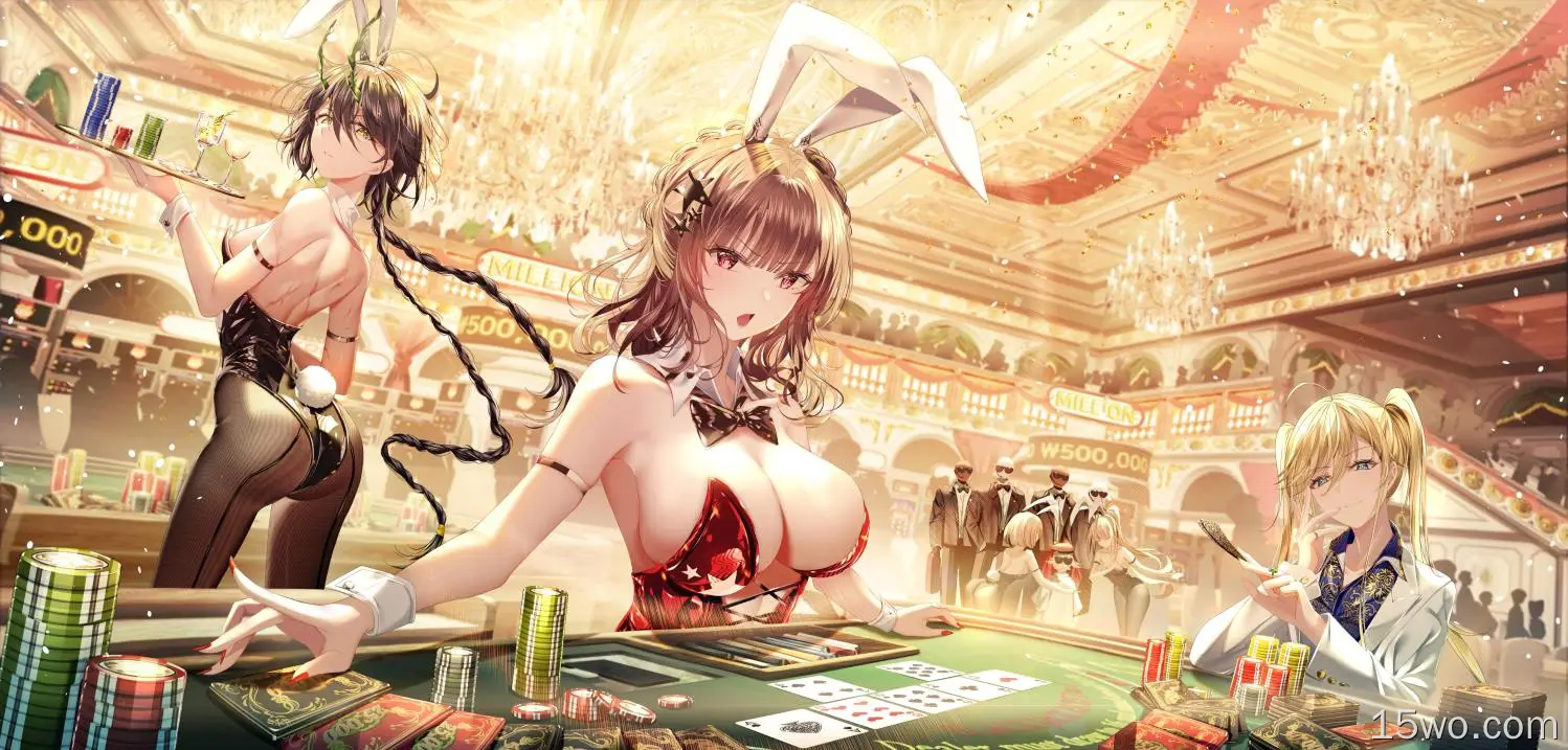 bunny girl,bunny ears,bunny suit,big boobs,anime girls,Casino,bunny tail,bow tie,ass,fishnet pantyhose,poker chips,cards,twintails,braided hair,looking at viewer,chandeliers,poker,bareback,long hair