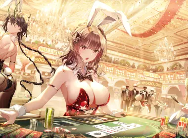 bunny girl,bunny ears,bunny suit,big boobs,anime girls,Casino,bunny tail,bow tie,ass,fishnet pantyhose,poker chips,cards,twintails,braided hair,looking at viewer,chandeliers,poker,bareback,long hair 5875x2812