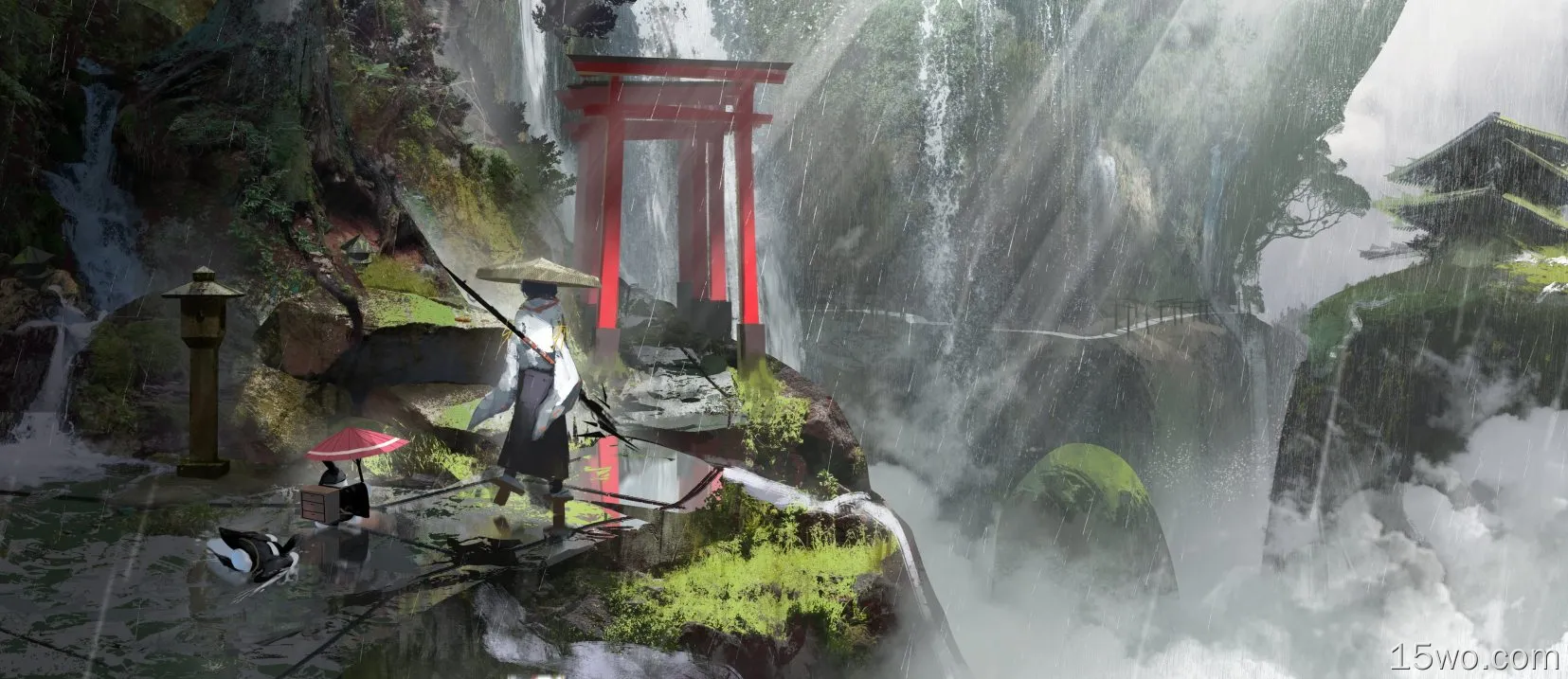 Japan,digital art,torii,mountains,clouds,sunlight,rain,umbrella,hat,path