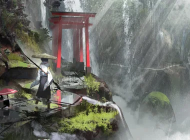 Japan,digital art,torii,mountains,clouds,sunlight,rain,umbrella,hat,path 4096x1774