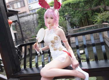 cosplay,Asian,stilettoes,white high heels,pink hair,stockings,women,looking at viewer,fans,bunny ears 3300x2203