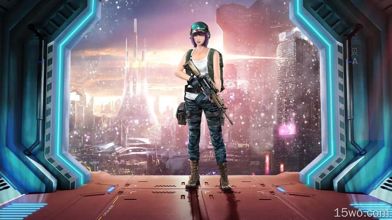 科幻 女战士 Woman Warrior 女孩 未来主义 武器 Purple Hair 城市 摩天大楼 高清壁纸