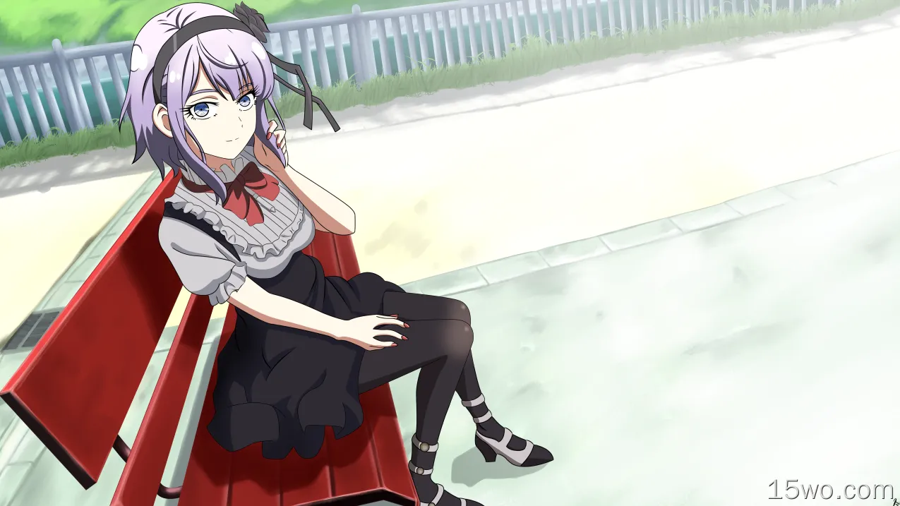 动漫 粗点心战争 Shidare Hotaru Anime 女孩 Sitting Skirt High Heels Pantyhose bow Short Hair Purple Hair Blue Eyes Headband 长椅 高清壁纸
