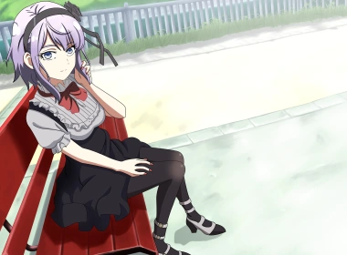 动漫 粗点心战争 Shidare Hotaru Anime 女孩 Sitting Skirt High Heels Pantyhose bow Short Hair Purple Hair Blue Eyes Headband 长椅 高清壁纸 7680x4320