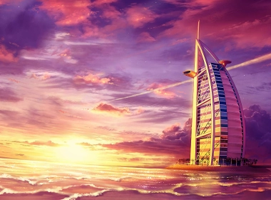 人造 Burj Al Arab 建筑 日落 高清壁纸 3840x2160