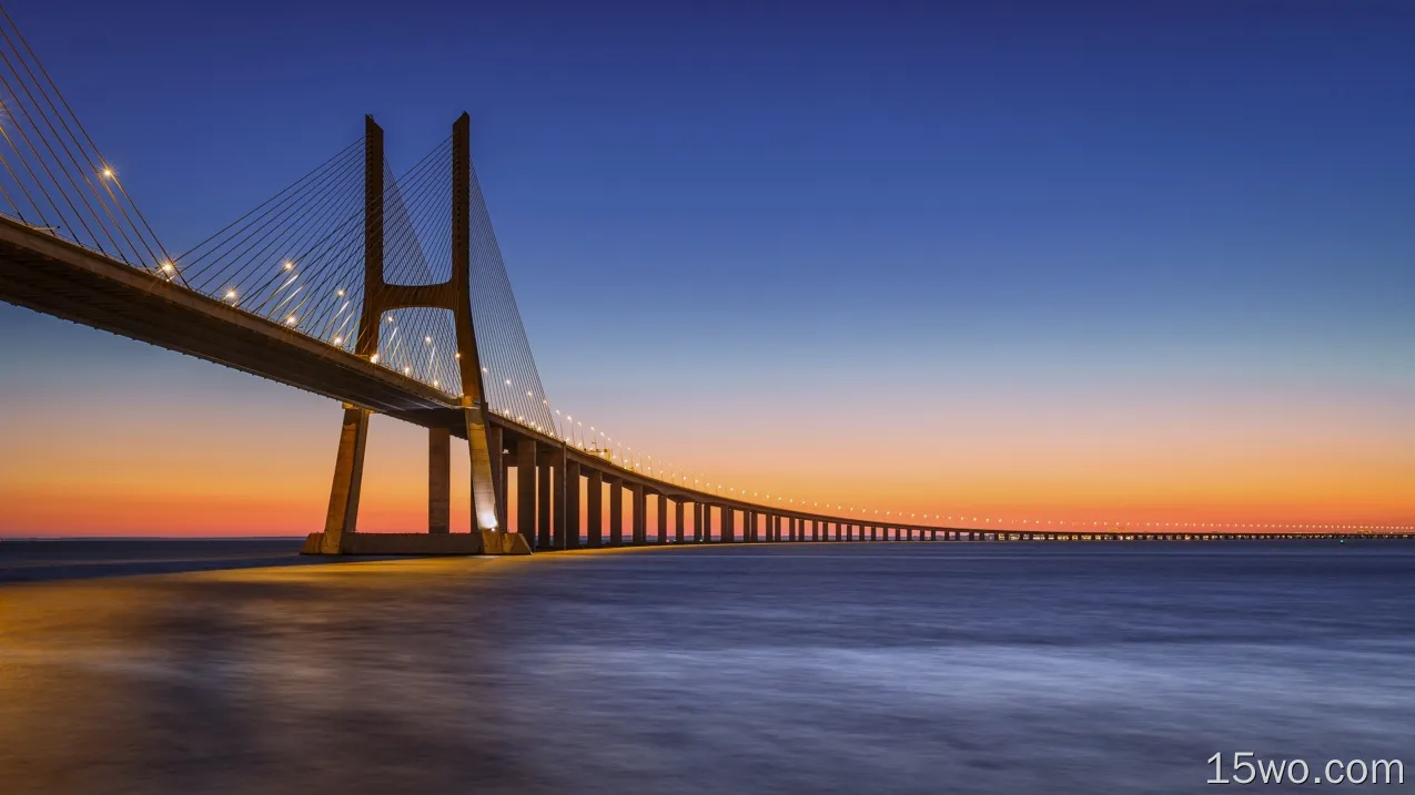 人造 瓦斯科达伽马大桥 桥 日落 Sea 葡萄牙 高清壁纸