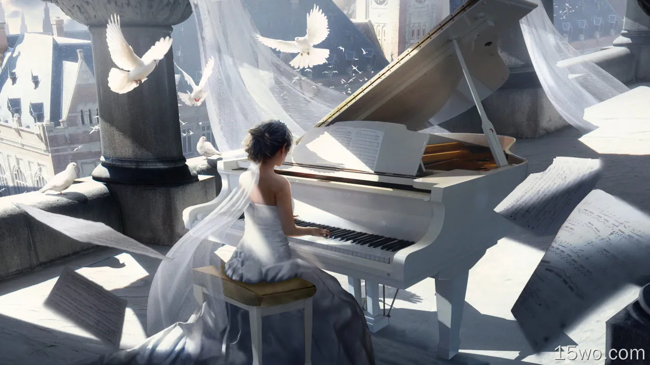 艺术 绘画 女孩 Instrument 钢琴 鸟 鸽子 Sheet Music White Dress 高清壁纸