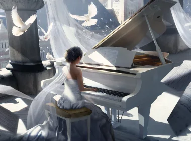 艺术 绘画 女孩 Instrument 钢琴 鸟 鸽子 Sheet Music White Dress 高清壁纸 3840x2160